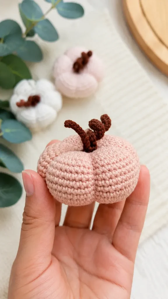 Amigurumi pumpkin pattern with a chained stem and tendril