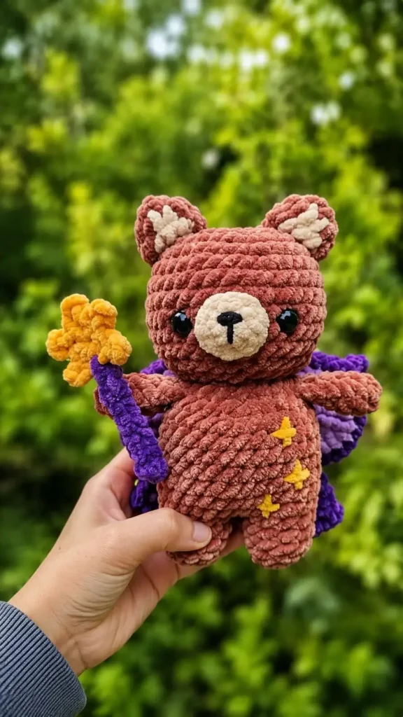 Chenille fairy bear amigurumi pattern with wand and wings
