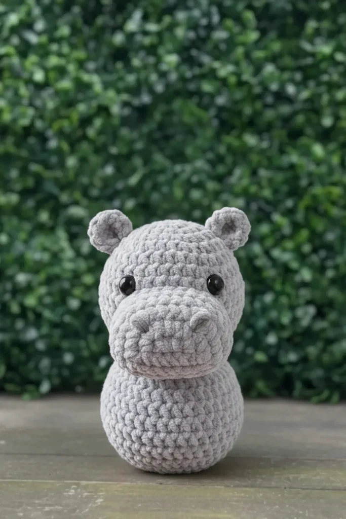 Crochet hippo amigurumi with shaped eye sockets and ears