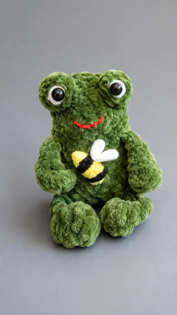 Amigurumi frog plush pattern with bobble-stitch legs and eyes