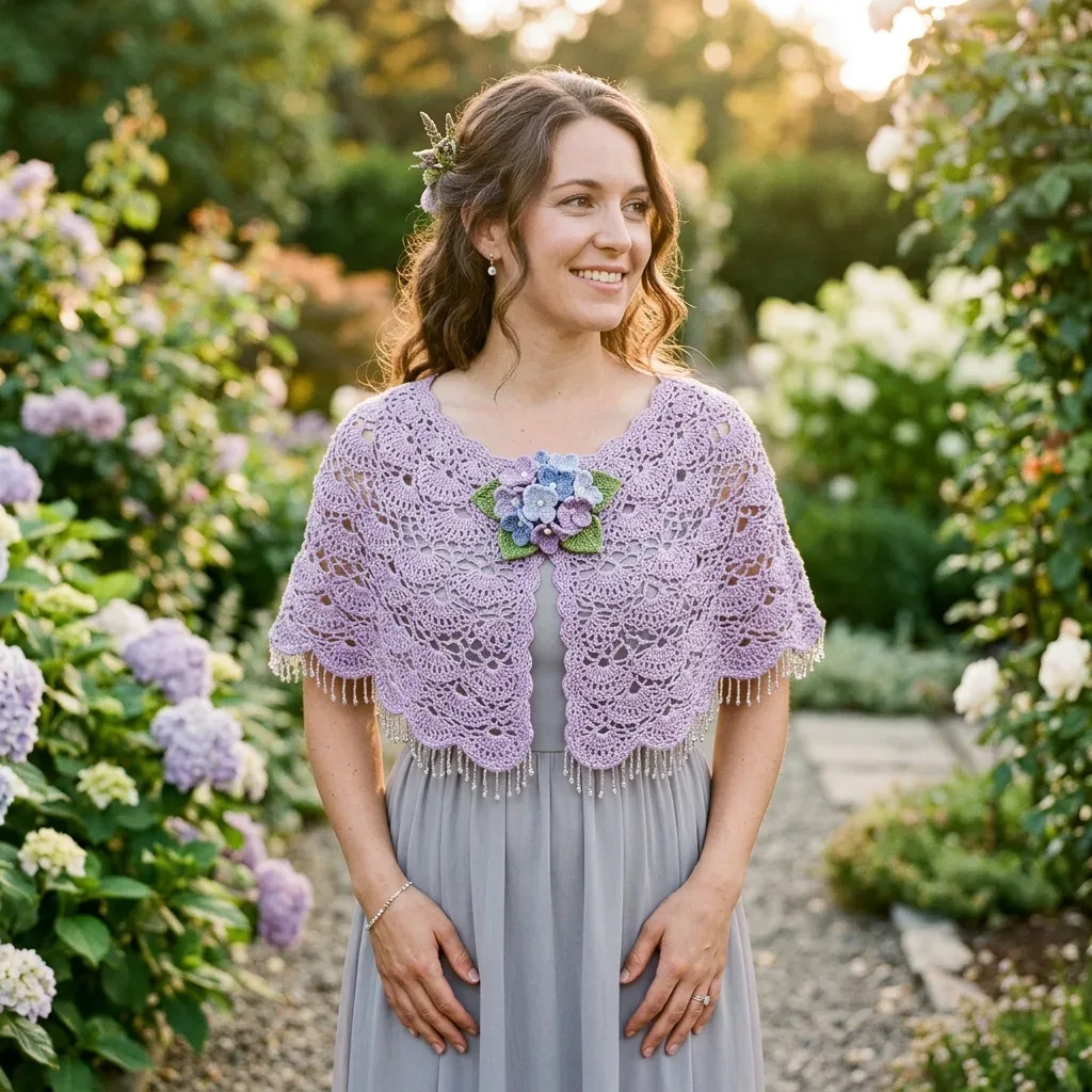 Lace capelet with pineapple fan motif and hydrangea corsage