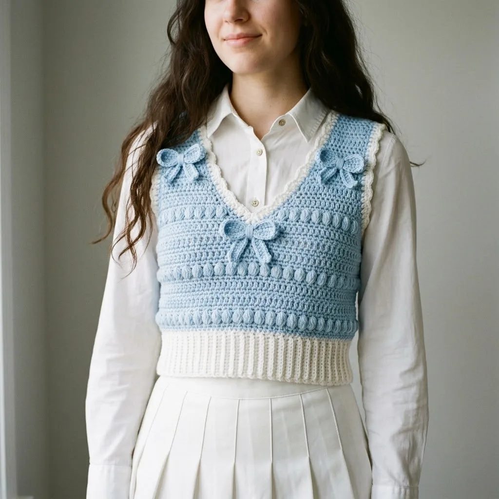 Light blue puff stitch crochet vest in two sizes