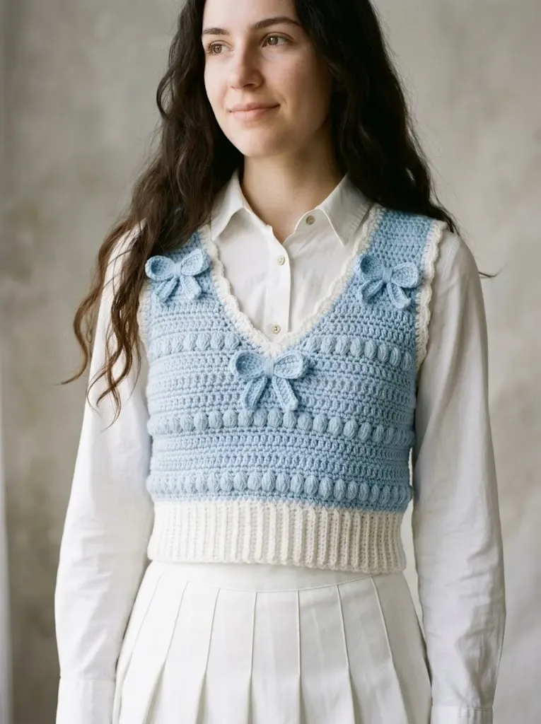Light blue puff stitch crochet vest in two sizes — photo 3