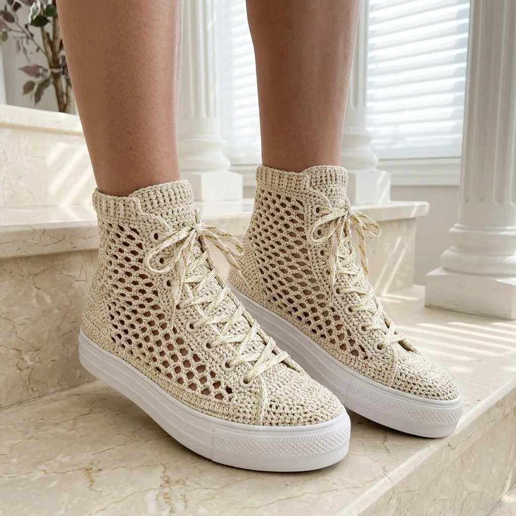 Metallic gold mesh crochet sneakers with ribbed cuff