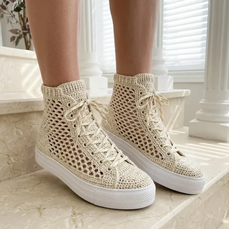 Metallic gold mesh crochet sneakers with ribbed cuff — photo 2