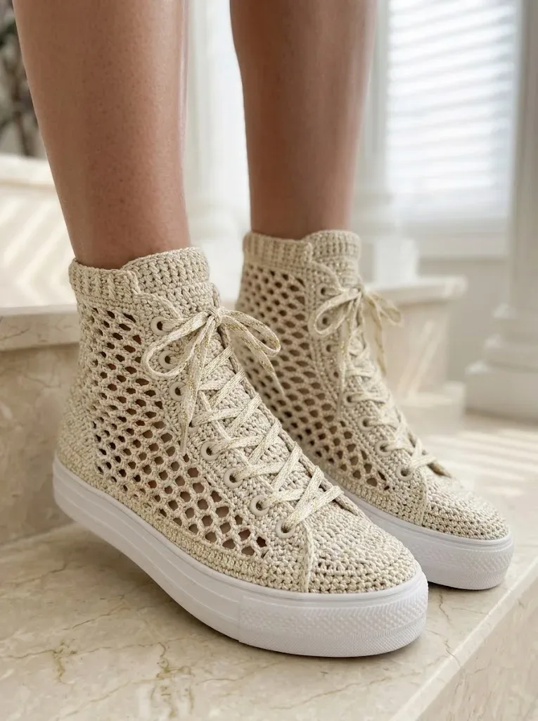Metallic gold mesh crochet sneakers with ribbed cuff — photo 3