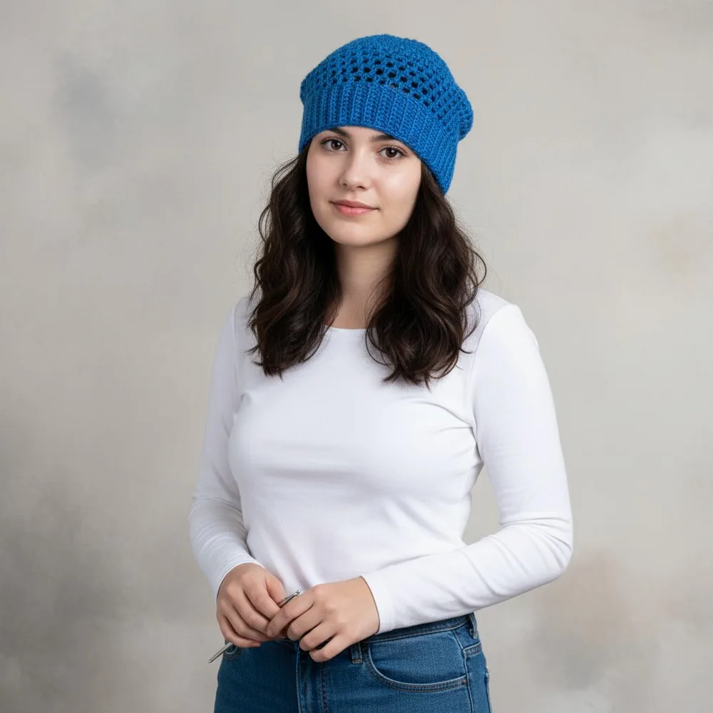 Openwork mesh crochet hat with ribbed brim pattern