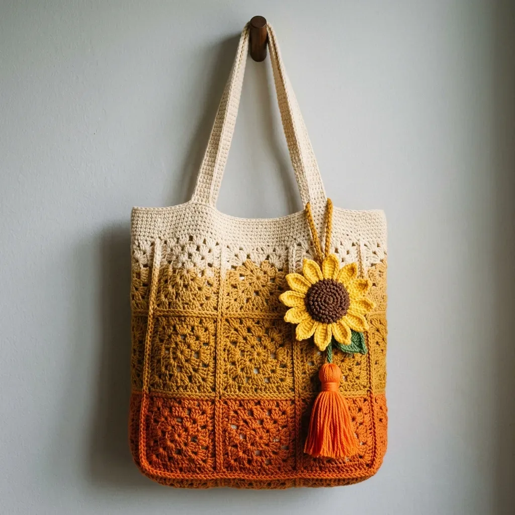 Sunflower granny square tote with join-as-you-go panels