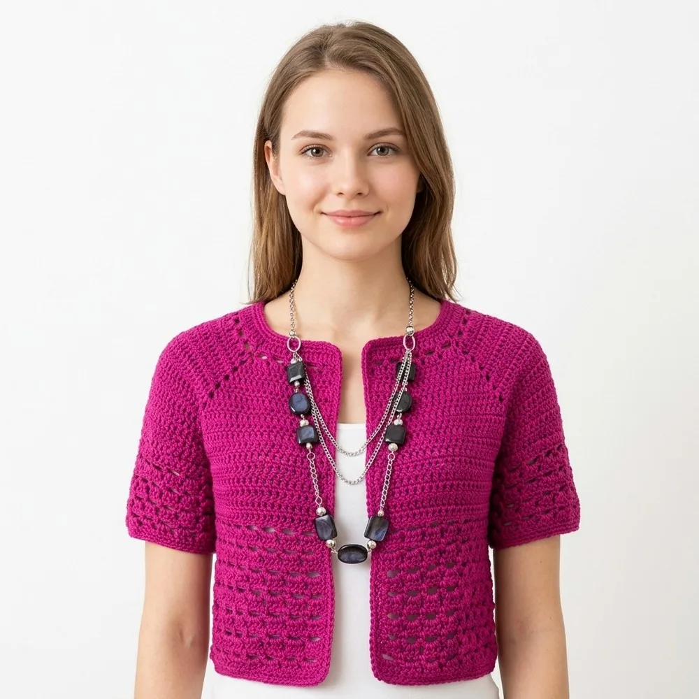 Top-down raglan crochet jacket with a lace band