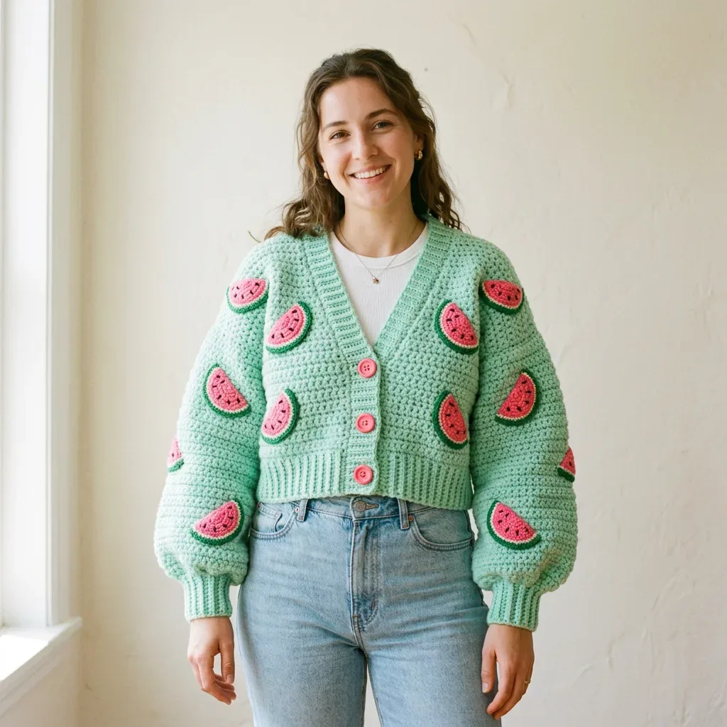 Cropped hdc cardigan with watermelon appliques and balloon sleeves