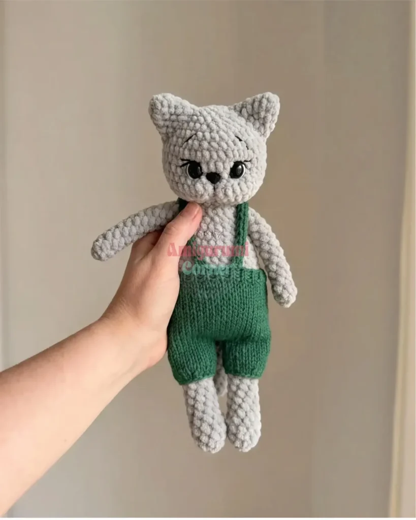 Amigurumi cat crochet pattern with knitted overalls