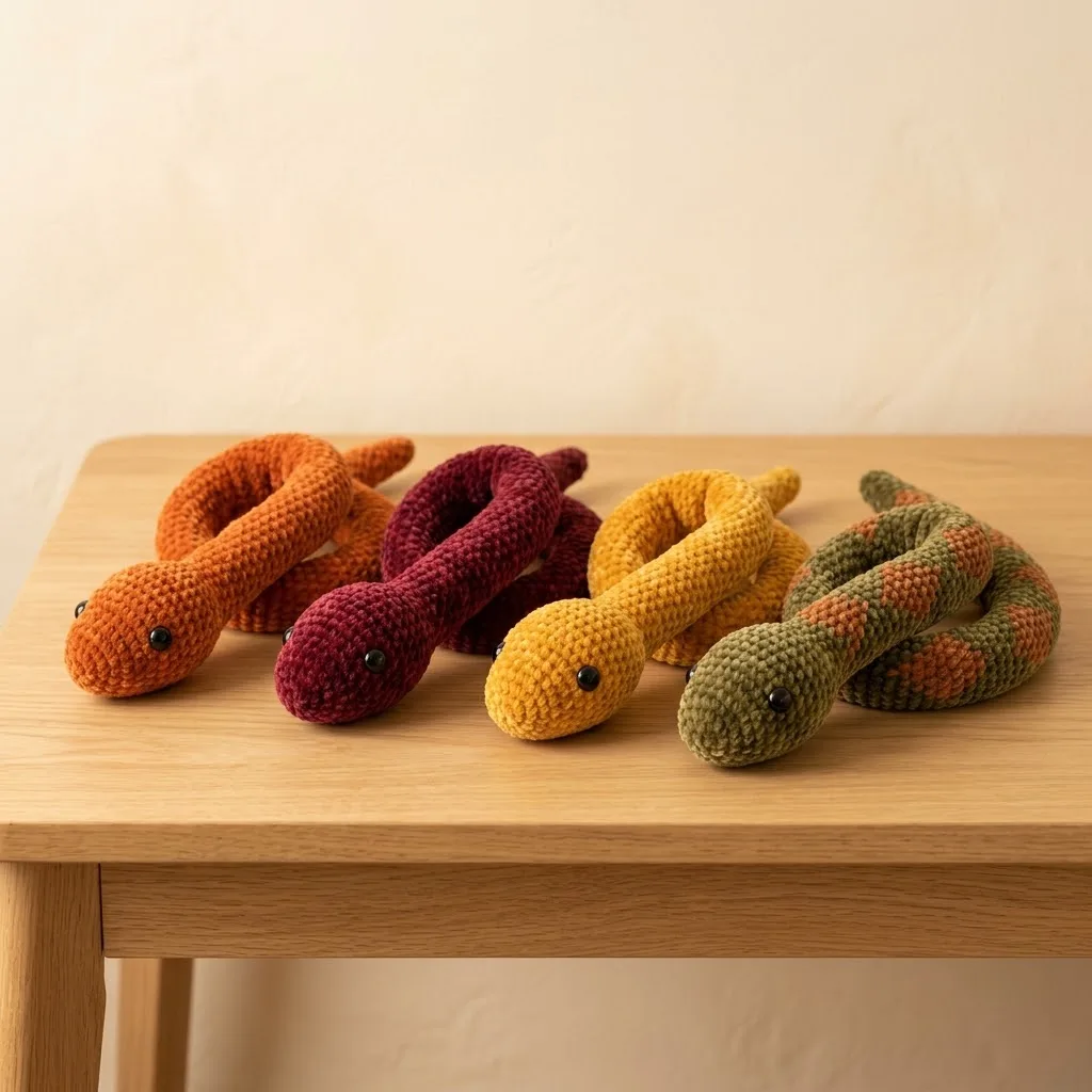 Amigurumi snake plush with an autumn color palette