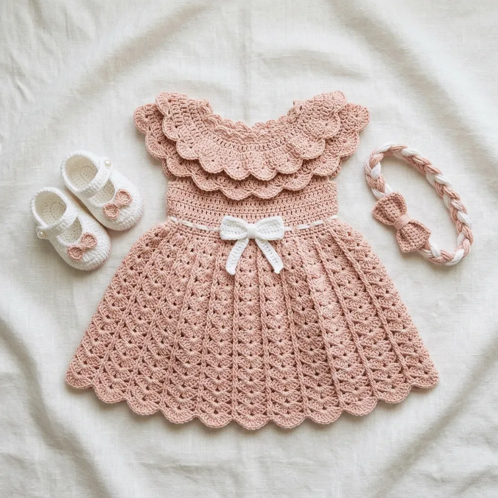 Four-piece blush pink ruffle baby dress set pattern