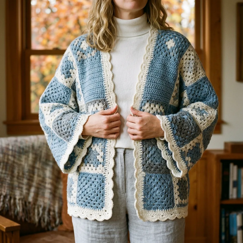 Coastal blue granny square patchwork cardigan pattern