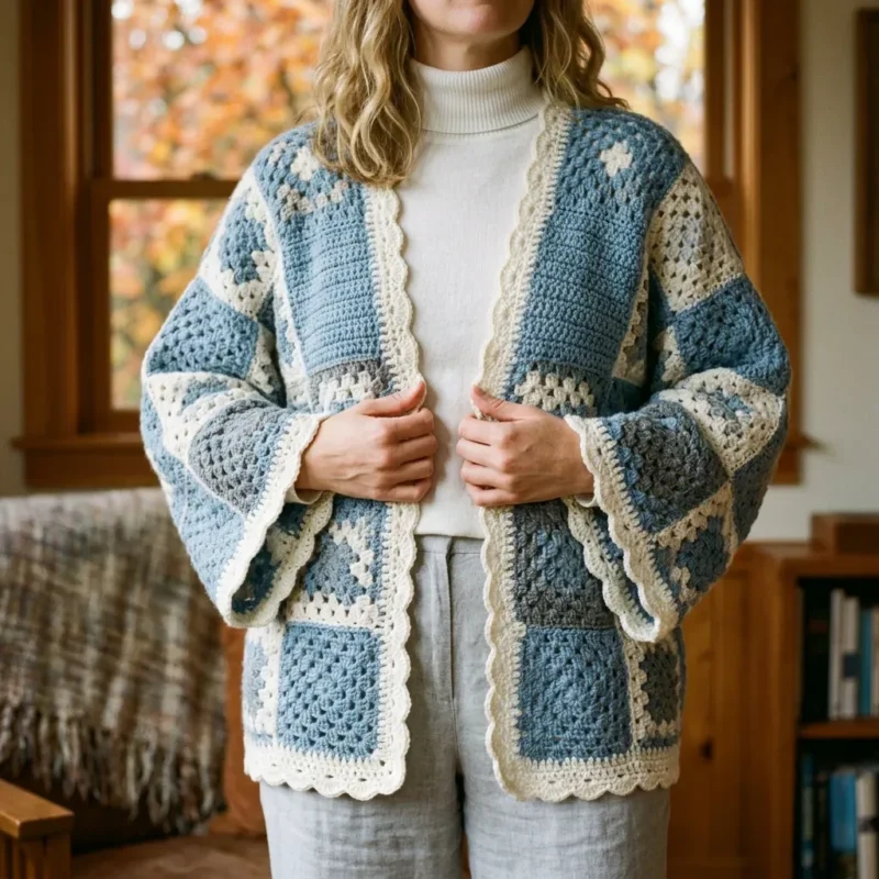 Coastal blue granny square patchwork cardigan pattern — photo 2