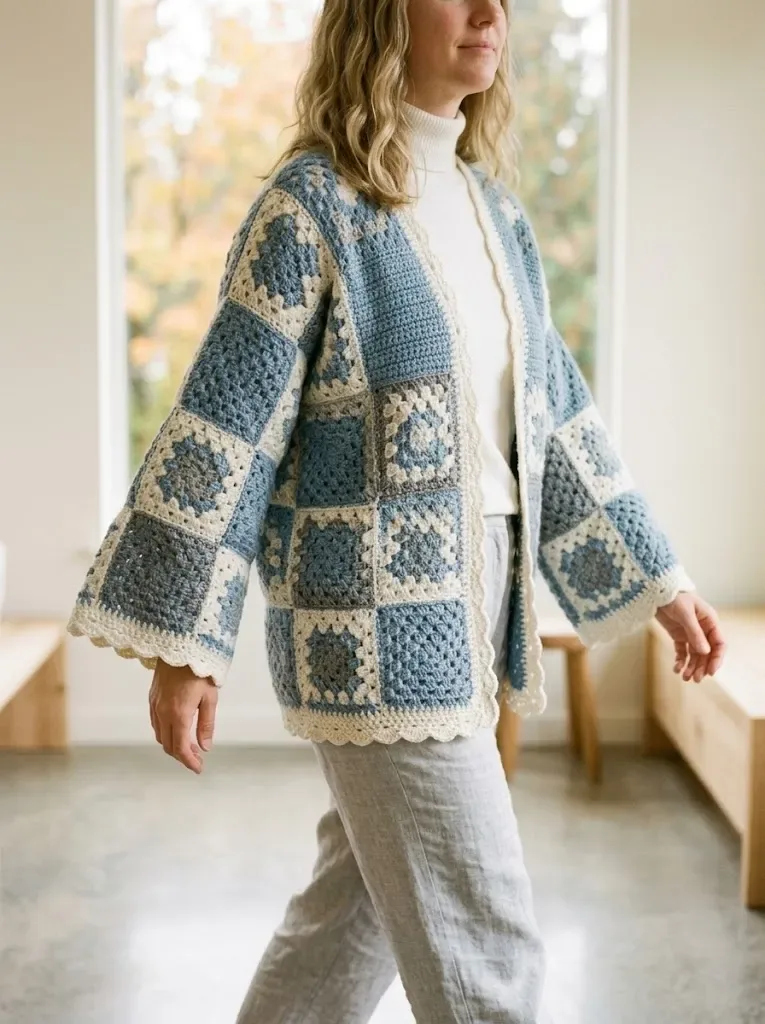 Coastal blue granny square patchwork cardigan pattern — photo 3