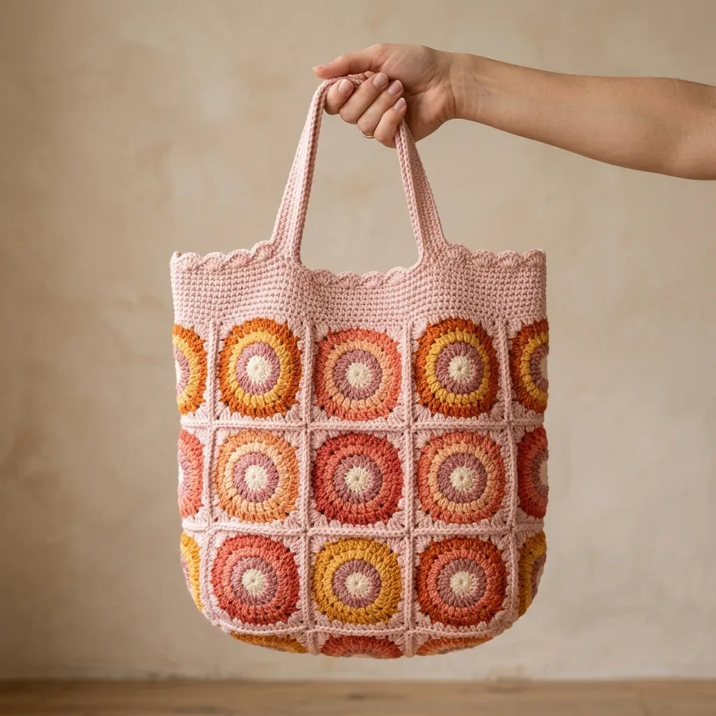Color-block granny square tote with ombre motifs