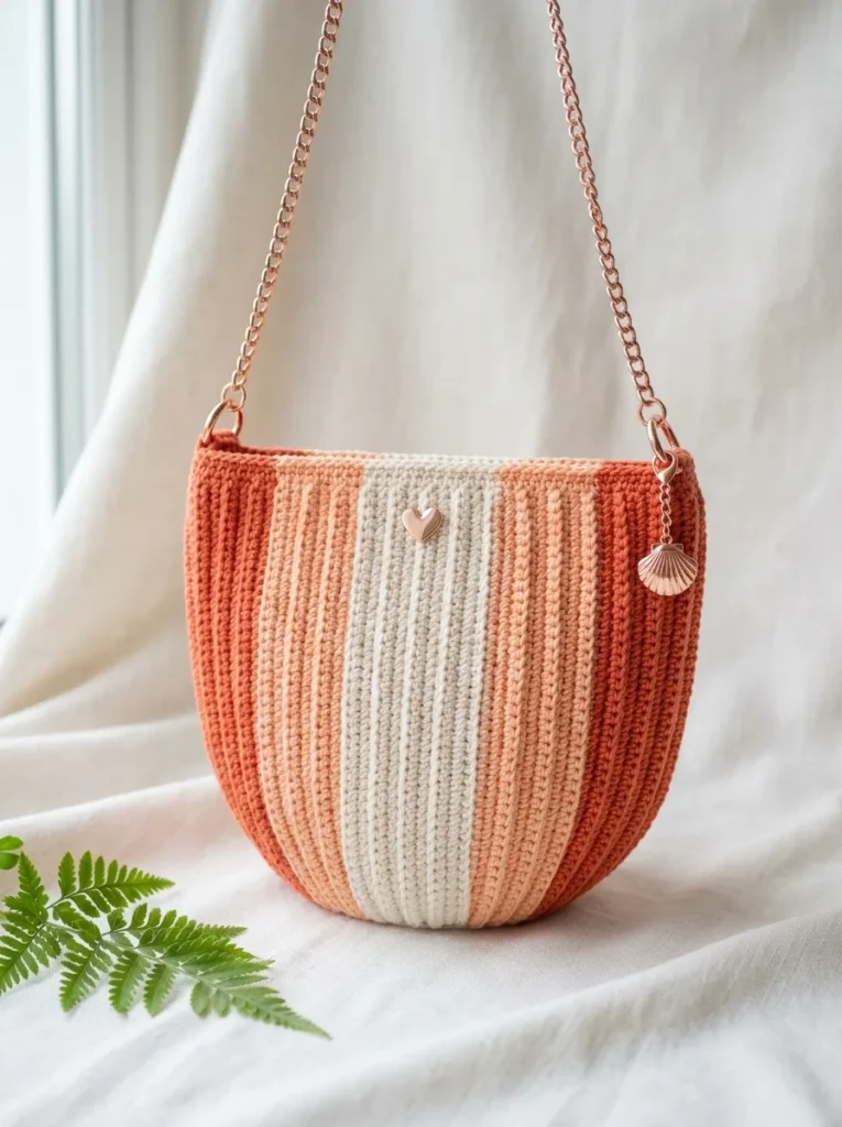 Crochet a coral sunset gradient chain purse with BLO ribbing