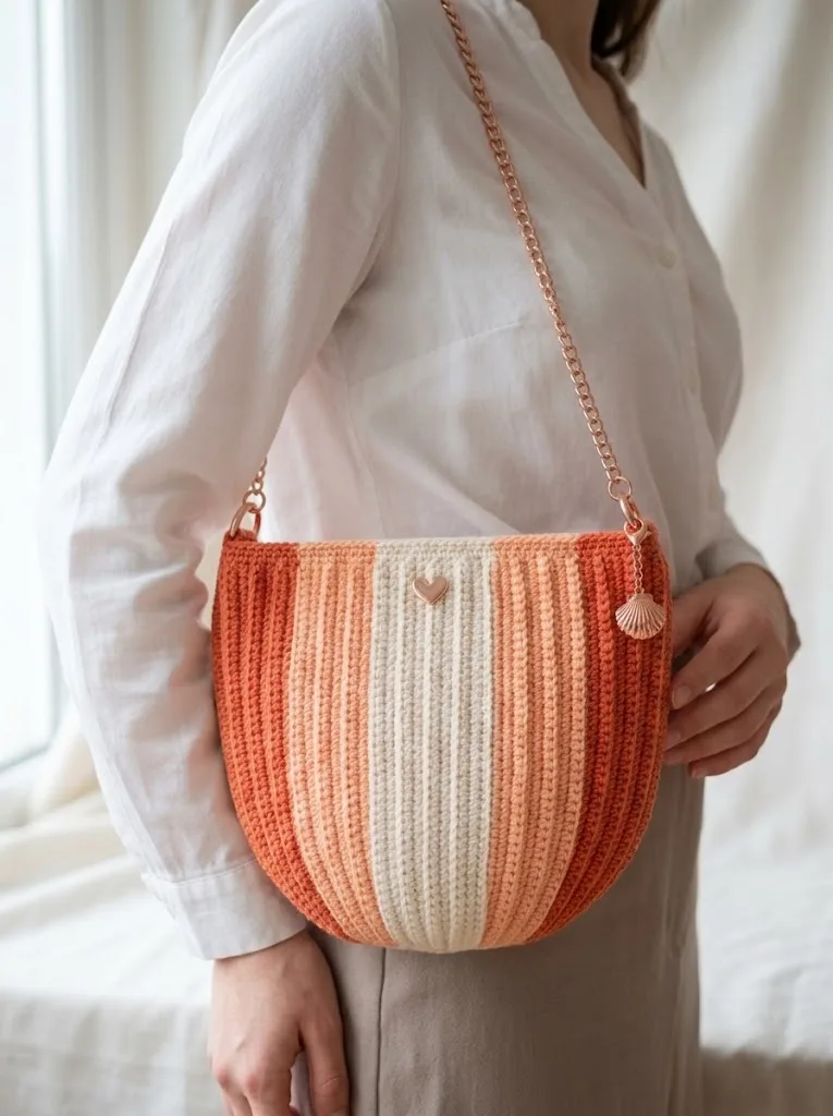 Crochet a coral sunset gradient chain purse with BLO ribbing — photo 3