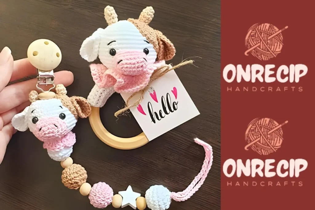 Crochet cow pacifier clip and rattle amigurumi pattern