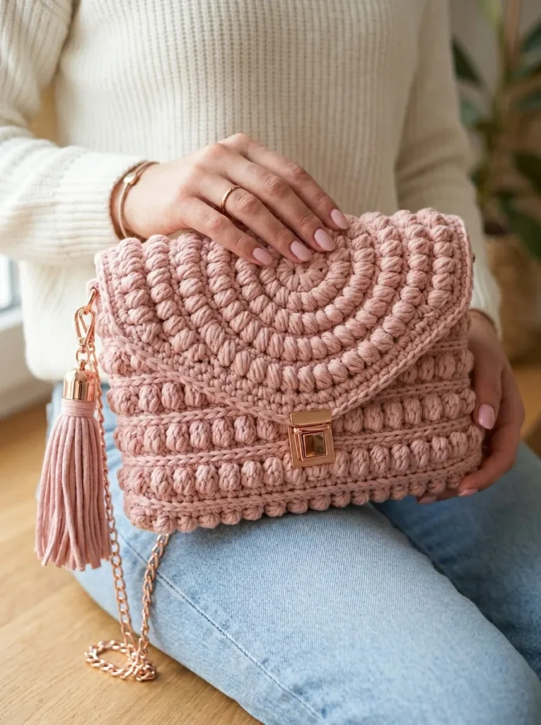 Crochet envelope clutch with a spiral bobble flap