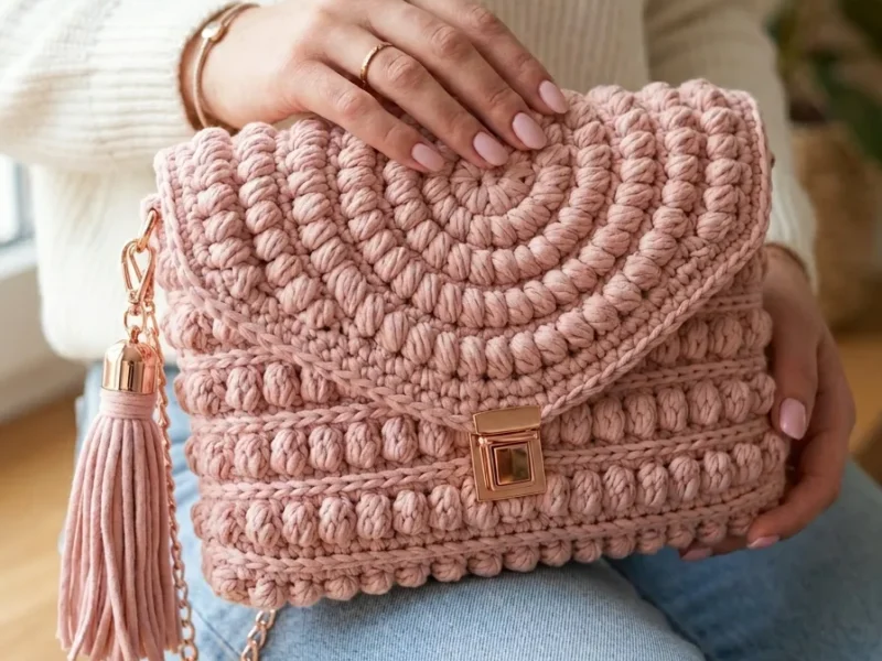 Crochet envelope clutch with a spiral bobble flap