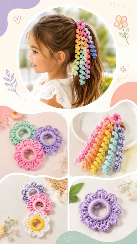 Crochet flower scrunchie with optional rainbow strands