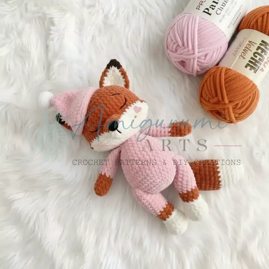 Crochet fox amigurumi pattern with winter hat details