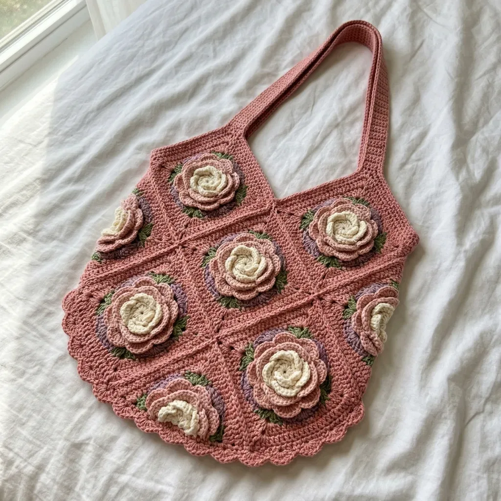 Dimensional rose granny square crochet bag pattern