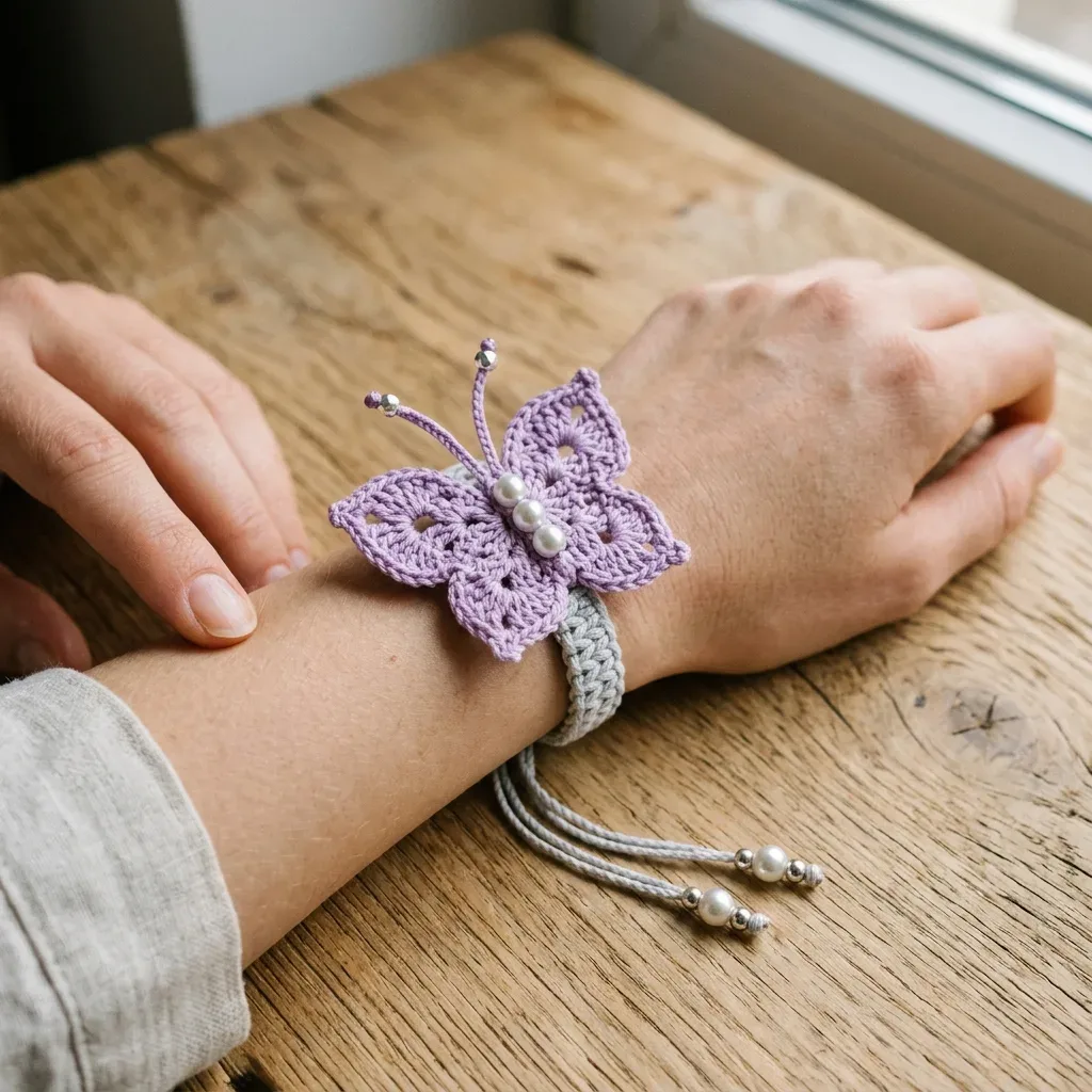 Lavender butterfly bracelet with a sliding bead closure