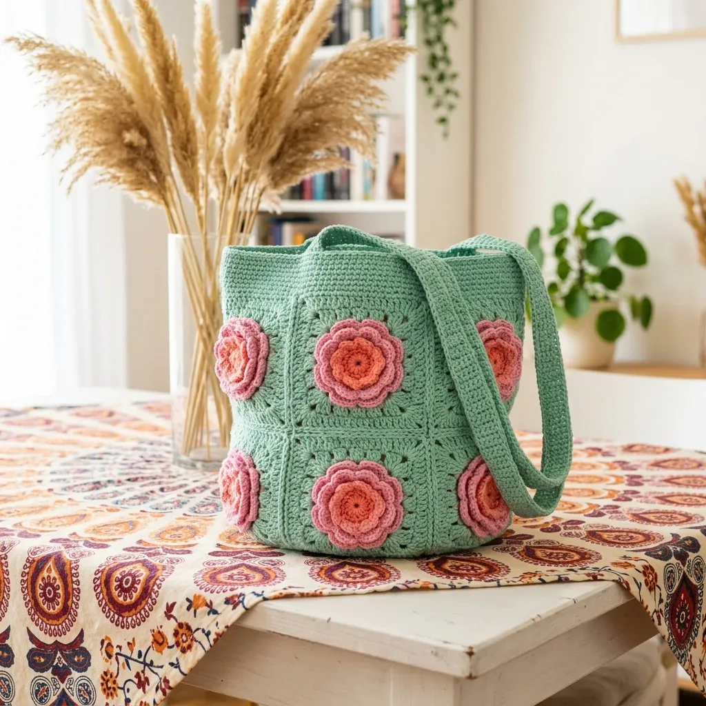 Mint granny square bag with crochet rose appliques