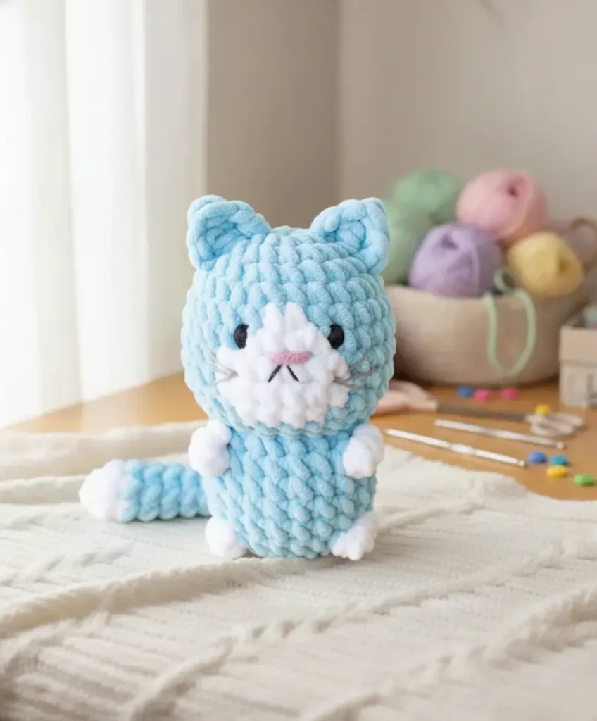 No-sew crochet cat pattern with an integrated tail
