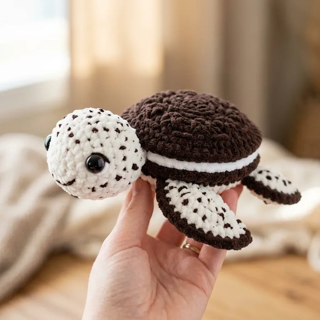 Crochet an oreo cookie turtle amigurumi with a speckled head