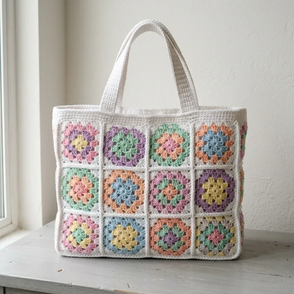 Pastel granny square tote pattern for a market bag