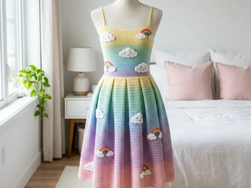 Pastel rainbow cloud pull-on sundress crochet pattern
