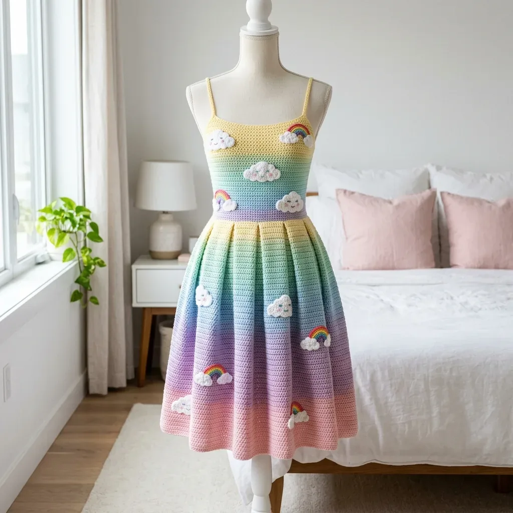 Pastel rainbow cloud pull-on sundress crochet pattern