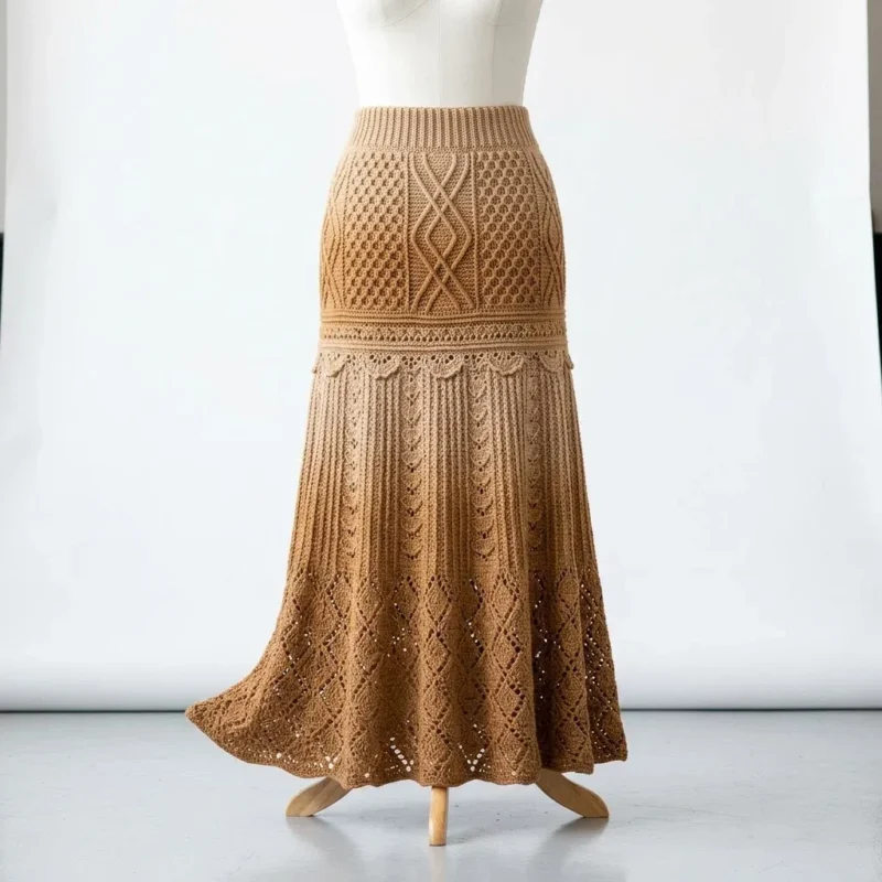 Ribbed waistband crochet maxi skirt with cable diamonds — photo 2
