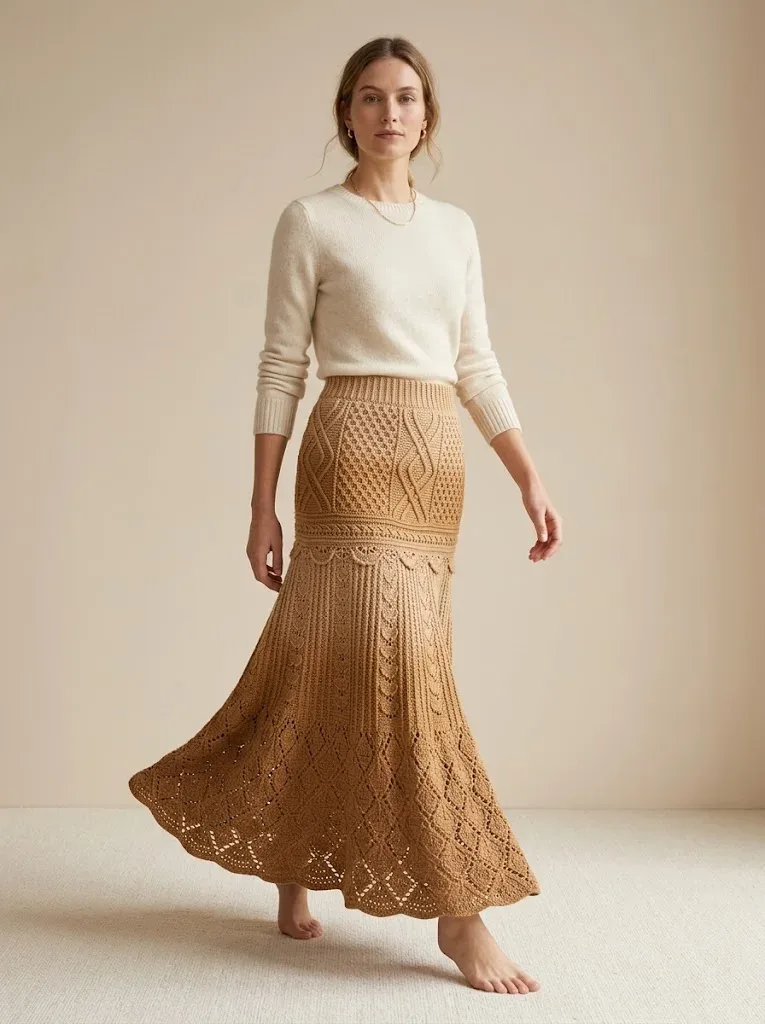 Ribbed waistband crochet maxi skirt with cable diamonds — photo 3