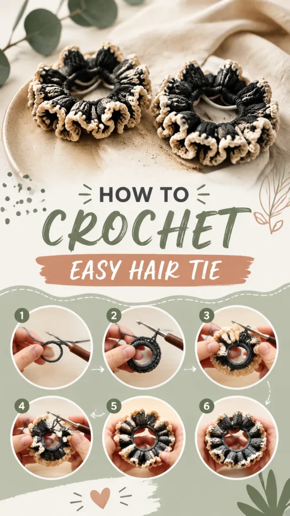 Ruffled crochet scrunchie worked around an elastic band