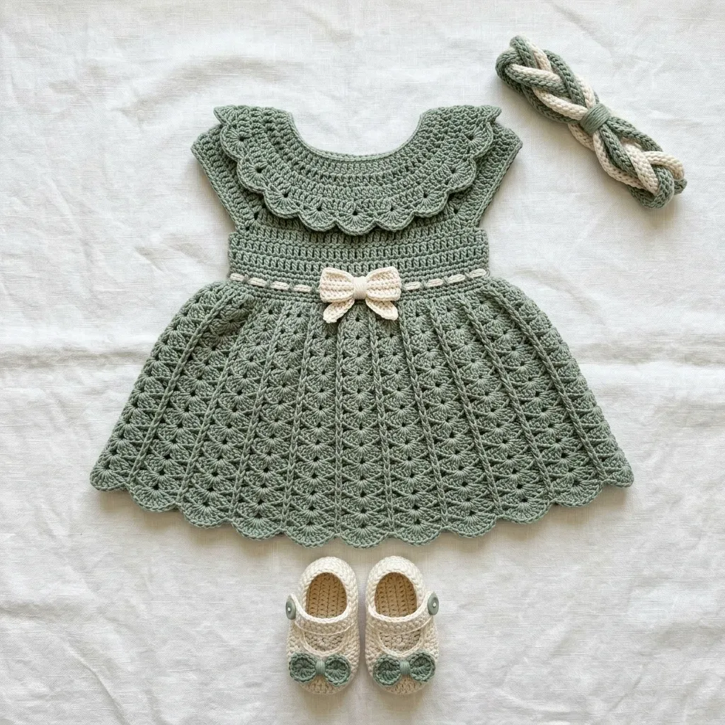 Sage green baby dress set with fan-stitch skirt and collar