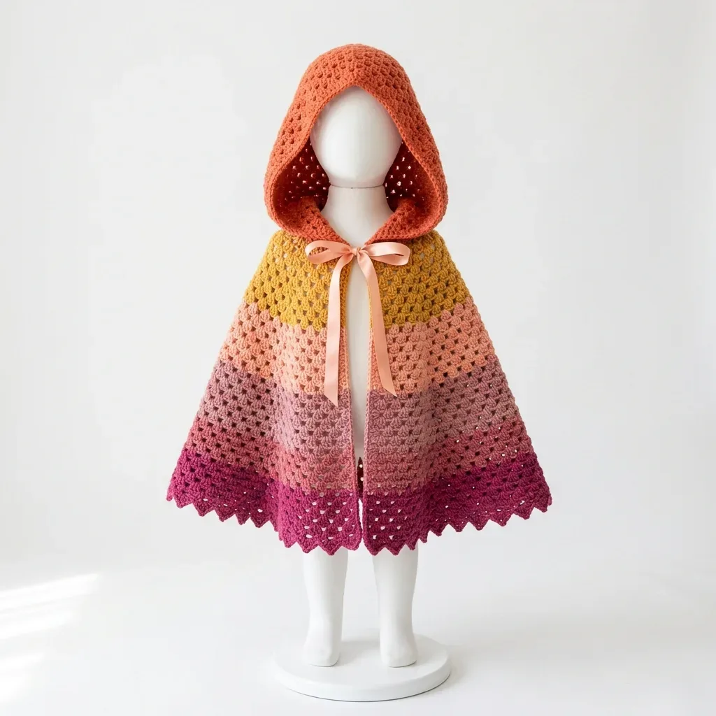 Six-color ombre hooded cape worked top-down in rounds