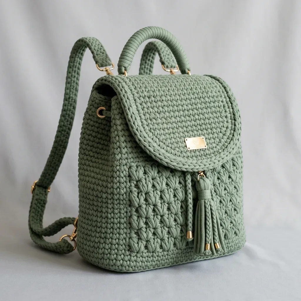Structured sage green crochet backpack with tassel closure
