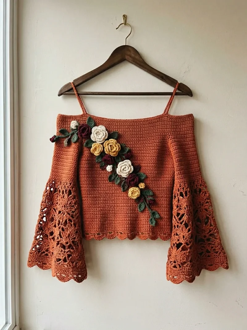 Terracotta bell-sleeve crochet blouse with rose appliqués — photo 2