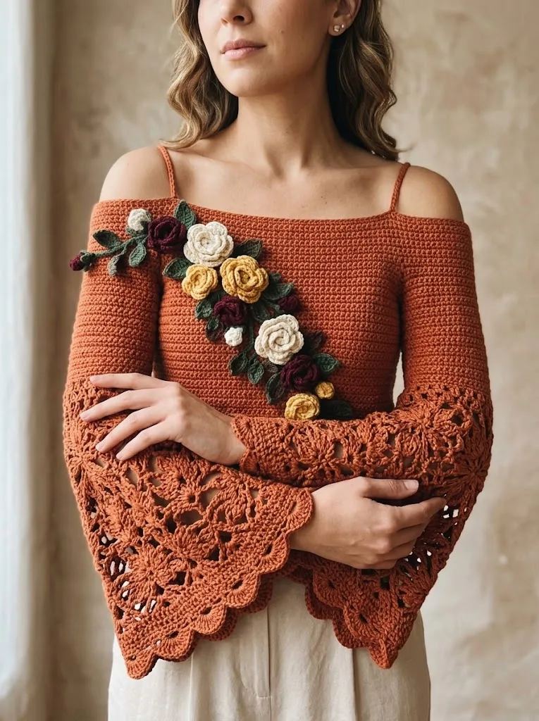 Terracotta bell-sleeve crochet blouse with rose appliqués
